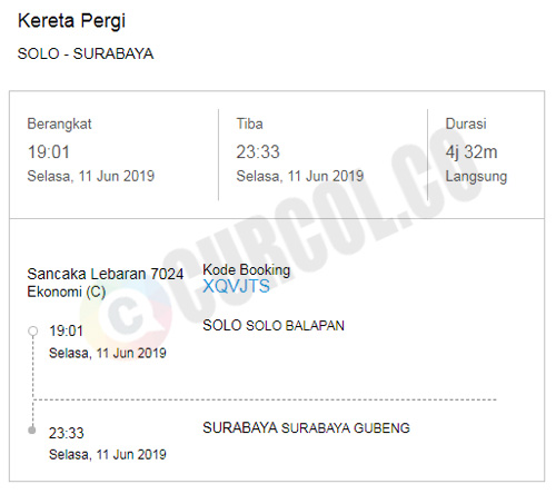 Nota pembelian tiket kereta Sancaka Lebaran